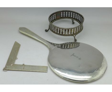 A silver backed mirror, a silver dish stand, no liner, and a silver Masonic 'medal', weight without mirror 96g