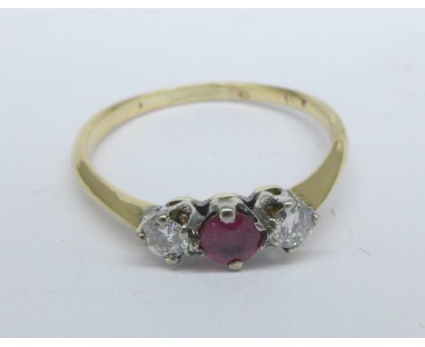 An 18ct gold, red stone and diamond ring, 1.6g, N