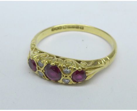 An 18ct gold, ruby and diamond ring, 3.2g, P