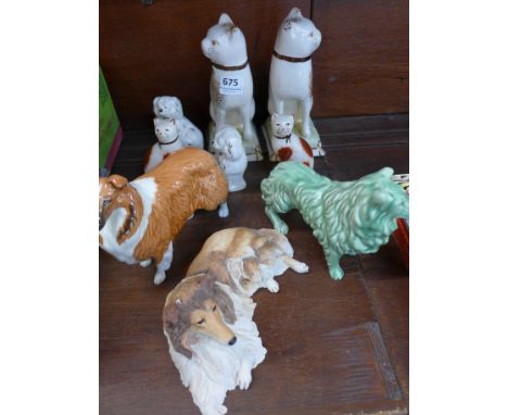 Three dog figures, Beswick, Sylvac and Border Fine Arts and three pairs of Staffordshire style figures, (9)