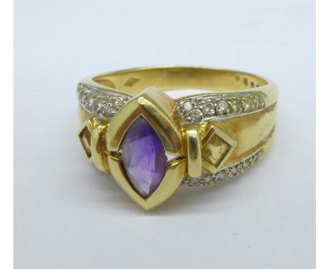 An 18ct gold, white stone, amethyst and citrine ring, 5.9g, S