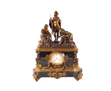 A Victorian black marble mantel clock with top mount of fisherman and woman with fish and gilt metal cherub with mask mounts