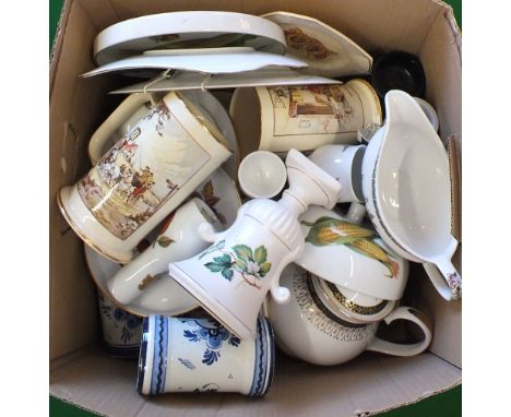 Items of china to include Royal Worcester, Evesham, Delft, McDougalls flour jars etc (two boxes)