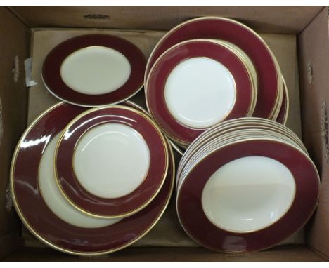 Three part dinner services, Crown Ducal maroon border, Myott green decorated and Royal Worcester Woodland (four boxes)