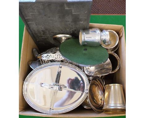 A pewter tray, tankards plus items of silver plate