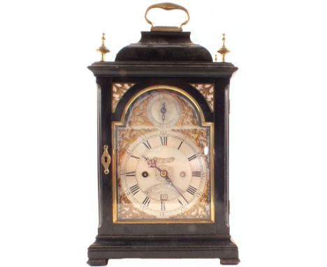 A mid 18th Century twin fusee, five pillar movement, eight day bracket clock with silver chapter ring and ebonised case with 