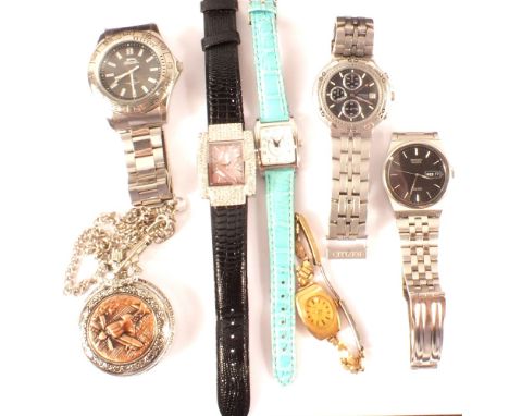 A mixed lot of ladies and gents wristwatches including Citizen and Seiko plus a pocket watch