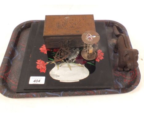 A brass Festival of Britain egg timer, iron dog nutcracker plus other items