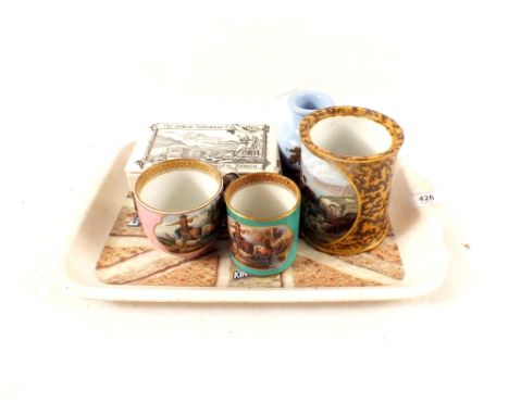Two Victorian Prattware driving cattle cups, sheep and figure tobacco jar (no lid) hunting scene potted meat jar plus a Balka