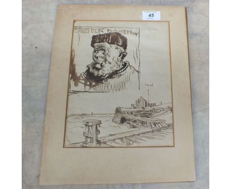 Unframed sepia watercolour titled 'Suffolk Boatman', label on back board 'Sketch by Sir F Brangwyn R.A. Given to C H Lay by t