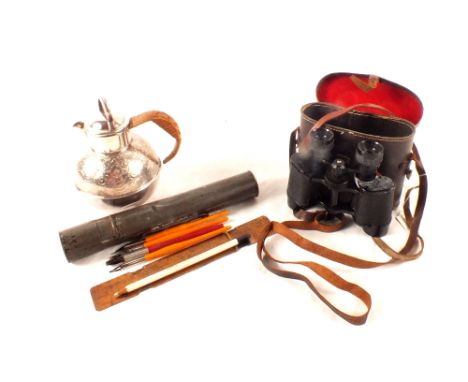 A mixed lot including silver plate cream jug, binoculars in case plus a tin case with handle containing pens etc.  THE TOTAL 