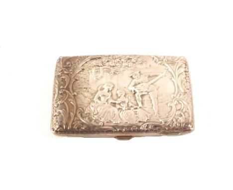 A silver cigarette case with embossed scene of musician playing to two ladies in garden to front and garden scene to reverse,