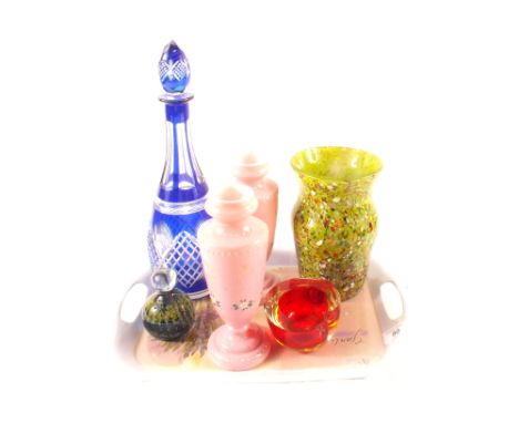 Glassware to include Bohemian blue overlaid cut glass decanter, Mdina paperweight, Victorian opal glass vases etc