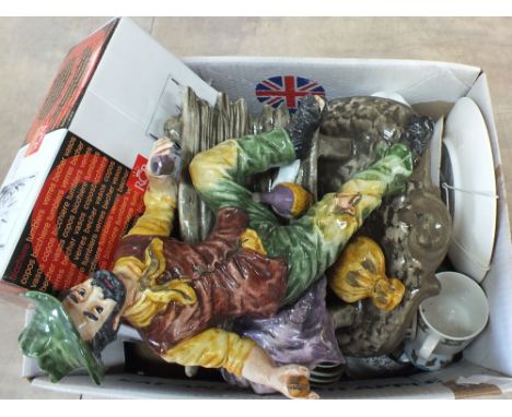 A large Capo Di Monte style man on bench, Midwinter part coffee set plus other china and C.A.Hendy watercolour of an owl plus