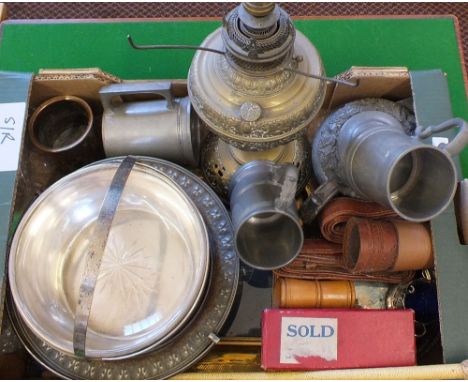 A brass oil lamp (converted), Islamic brass tray, silver plate, pewter etc