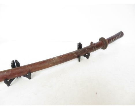 Early to mid 19th century Japanese samurai sword with leather bound handle &amp; scabbard. Blade Length 69 cm Total Length 88