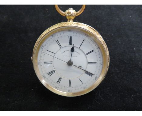 18ct Gold cased open face pocket watch, centre second chronograph. Movement No 57662 inscribed Cuthbert Butler Blackburn, Che