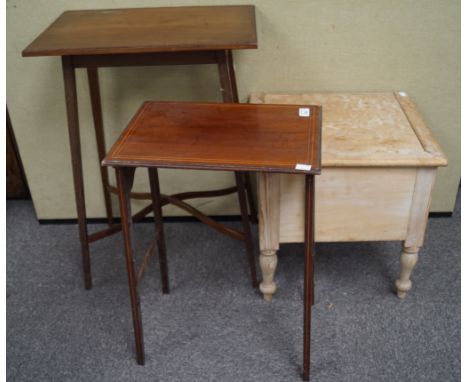 A pine commode and two Edwardian mahogany tables