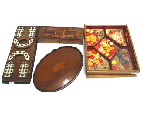 A small mahogany tray, a Victorian sliding book rack, a cribbage board and a games box