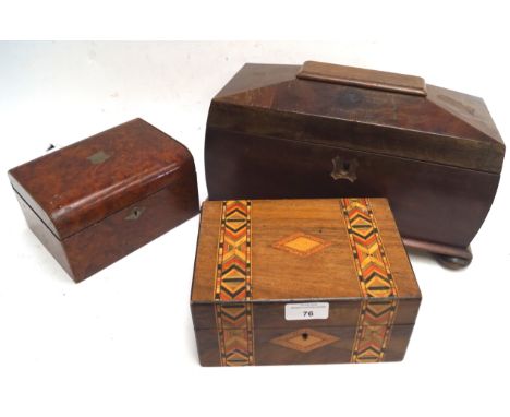 A sarcophagus shaped tea caddy and two other boxes