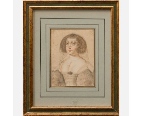 Francois Clouet (1510-1572)-circle. Portrait of a court lady. Black and red chalk with water colors on paper. Framed in passe