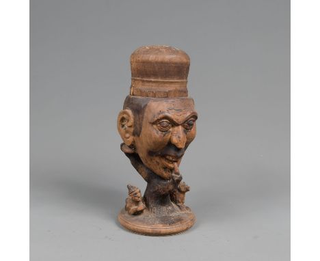 Tobaco Jar , wood carved bust with male portrait and animals, lid, around 1900 . 28 cm high