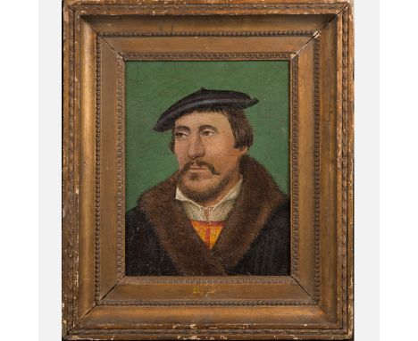 Christoph Amberger (1505-1562)-attributed, Portrait of a man with hat in fur coat , oil on wooden panel ,framed. 30X22 cm