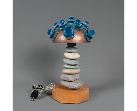 Murano Design Lamp, by Nason, blue and white iced knobs with copper shade, lamp for one light on stone column and wooden base