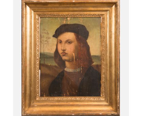Ridolfo Ghirlandaio (1483-1561)-manner,  Portrait of a young man in landscape , oil on canvas, damages, in a gilded collector