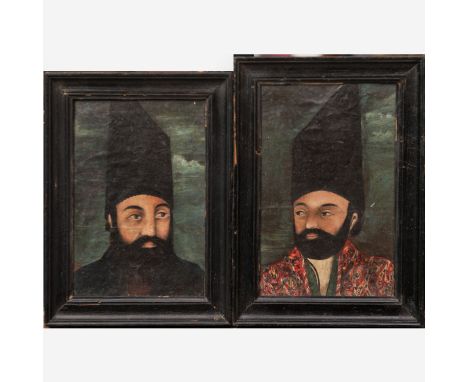 Qajar Art around 1800., Portrait of two Persian honourables , oil on canvas, laid down on board, framed. 21,5x 14 cm and 20,5
