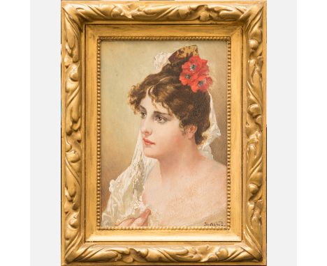 Dominik Skutezky (1849-1921)-attributed, portrait of a young lady, signed bottom right, oil on wooden board, framed, 31 x 21 