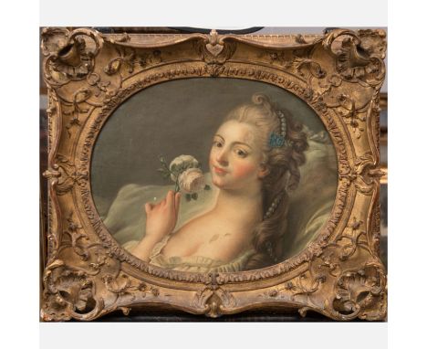 Francois Andre Vincent (1746-1816)-attributed, Portrait of a Lady with a rose , painted in oval , oil on canvas, in a french 