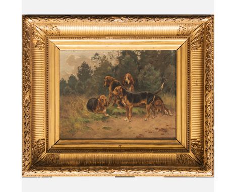 Frederic R-tig (1873-1961), dogs in landscape, oil on board, signed bottom left, framed, 27 x 35 cm