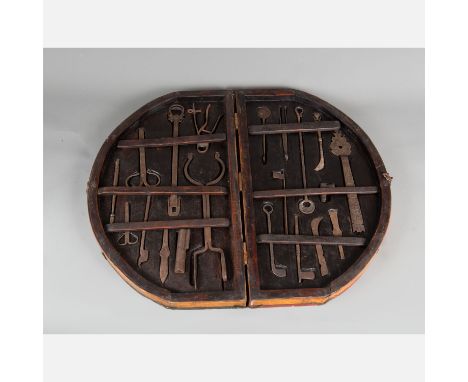 Chinese Operation Tool Set, with surgeon instruments, iron forged with engraved decorations, in demi-lune wooden casket with 