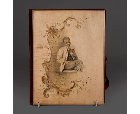 Artist late 19th Century, map in red velvet with painted wooden cover, in different colours, portrait of a young man reading 