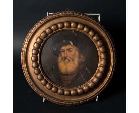 Leonardo Da Vinci (1452-1519)-portrait, oil on wooden panel in a gilded and curved wooden frame, possibly executed by a North