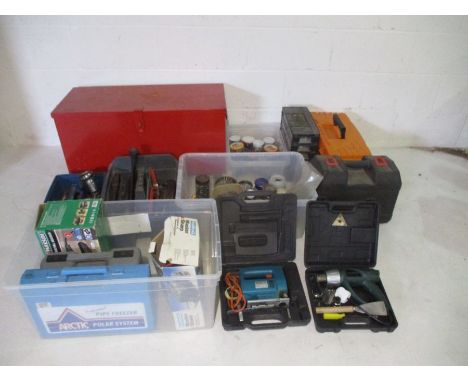 A quantity of various tools, fixtures, fittings etc including sanders, jigsaws etc.