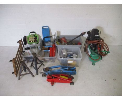 A quantity of motor vehicle related tools and equipment including a Hurricane 24525 compressor