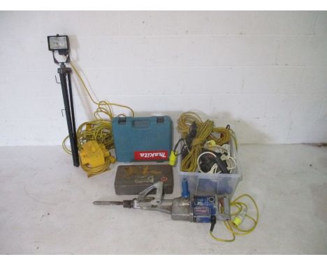 A collection of 110v tools, cables, transformers etc to including a Kango rotary hammer, a Makita power hammer.