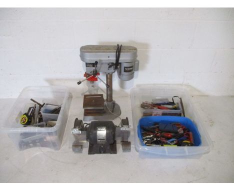 A collection of various engineering type tools including a Black &amp; Decker bench grinder, Wickes Bench Pillar Drill etc.