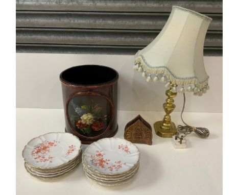 Brass Table Lamp, Waste Paper Basket and Vintage Plates 