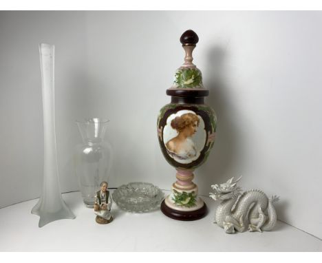 Lidded Glass Urn, Ceramic Dragon and Vases etc 