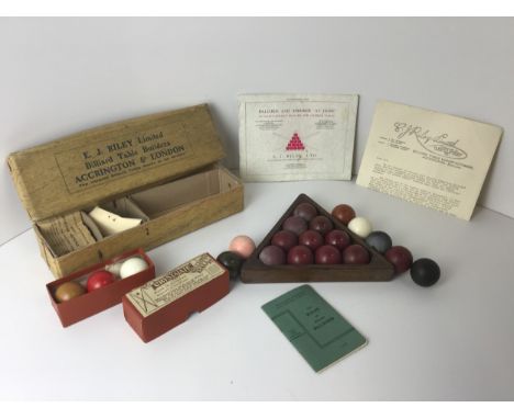 Vintage Riley Billiard Accessories- Balls, Rule Book Triangle etc 