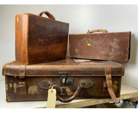 3x Vintage Leather Suitcases - One with Labels 