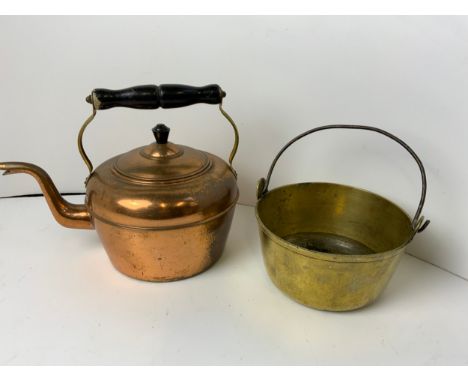 Copper Kettle and Small Brass Jam Pan 
