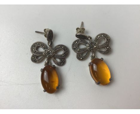 Pair of Vintage Amber and Silver (925) Earrings - L4cm 