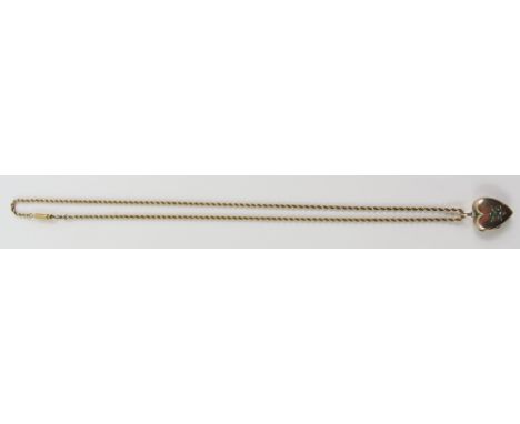 A heart shaped locket set with split pearls and a single turquoise, on a rope chain, 24cm long, chain tests as 9ct gold, hear