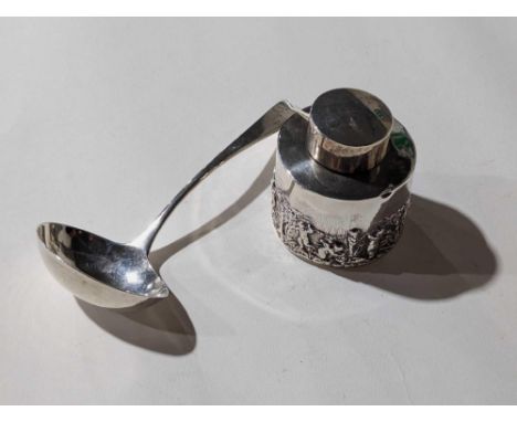 A George III silver sauce ladle, by Peter, Ann & William Bateman, 1801, 17cm; together with a late Victorian silver tea caddy