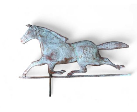 A weathered copper figure of a running horse, with fitting to mount it, possibly originally from a weather vane, 73cm x 49cm 