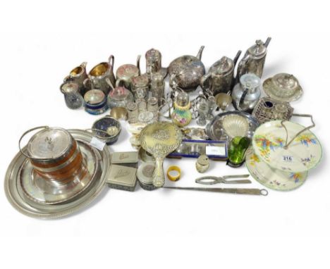 A round silver plated teapot with ceramic insulator cuffs, together with a collection of other silver plated items 